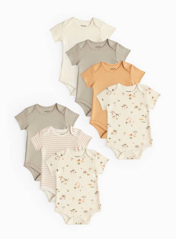 Safari Print Waffle Short Sleeve Bodysuit 7 Pack 12-18 months